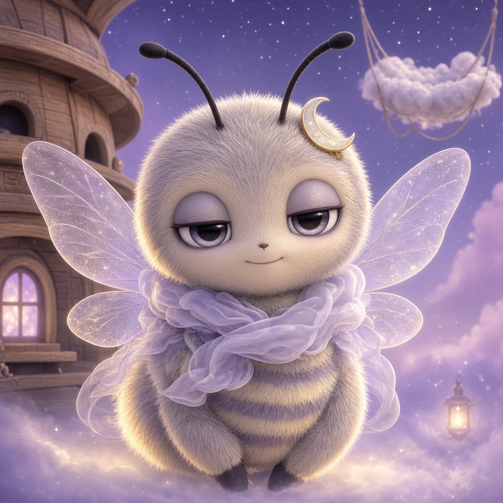 Luna the moon bee in her cloud hammock